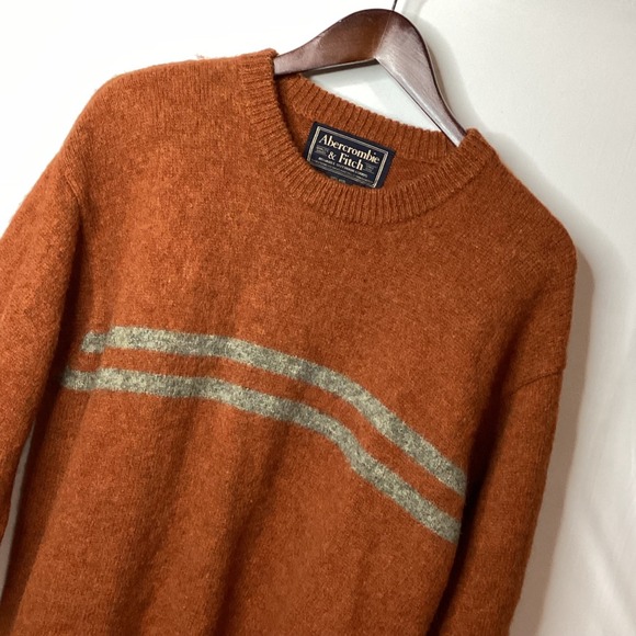 Abercrombie Fitch Mens Crewneck Sweater Orange Wool Striped XL - Picture 2 of 11